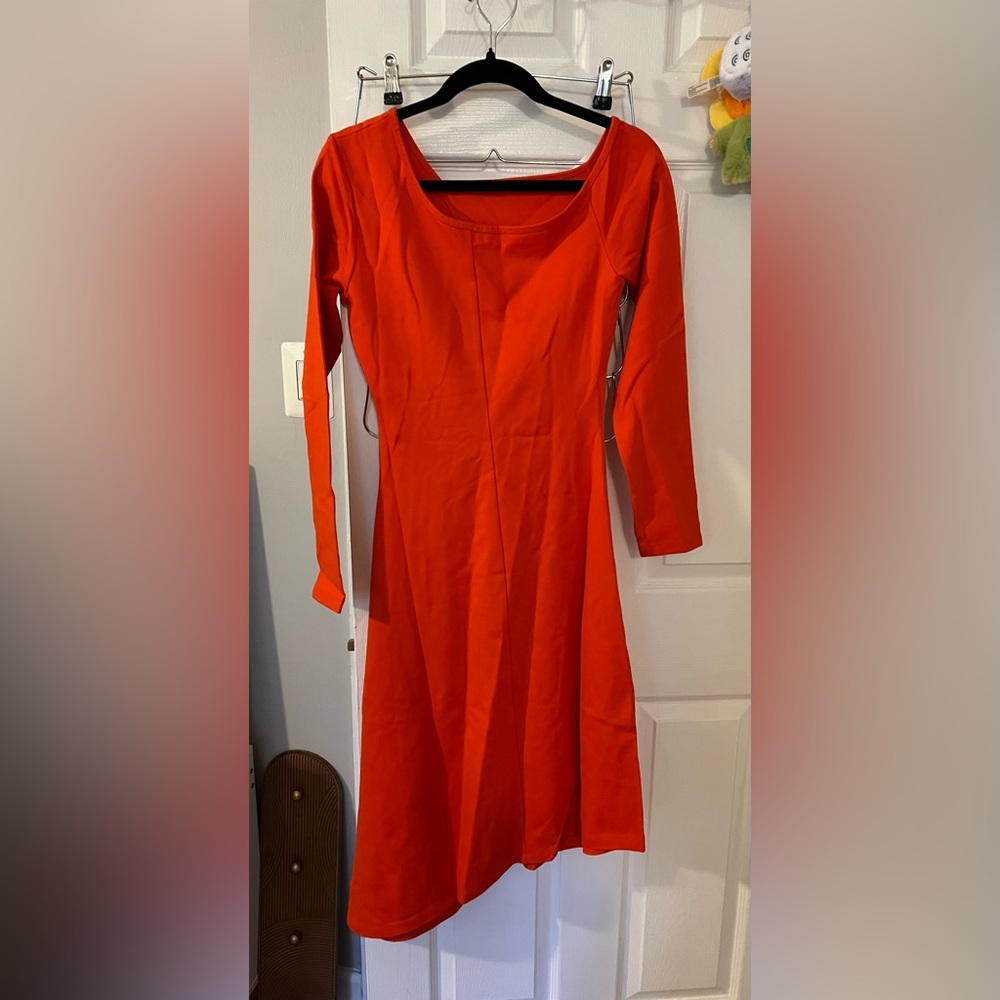 Women’s Long-Sleeve Ruched Orange Dress - Picture 2 of 3